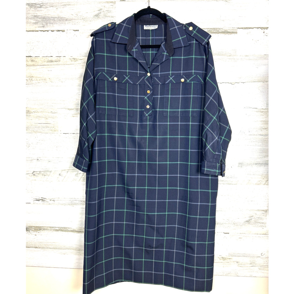 Vintage Burberry Womens 14 Blue Green Wool Plaid Shirt Midi Dress Luxe Mint
